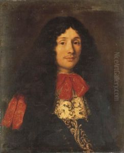 Portrait Of A Gentleman, 
Bust-length, In A Black And Goldembroidered Coat With White Lace Collar 
And Red Ribbon