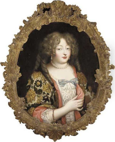 Portrait Of A Lady, Half-length,
In Pearl Drop Earrings, A Pearl Necklace And A Lace Dress With A Blue
Bow And A Brocade Wrap - view 1