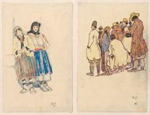 Russischebauernmadchen Und Figurengruppe Bei Kalusz by Heinrich Vogeler