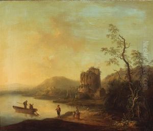 A River Landscape With Figures On The Bank Andruins In The Background
