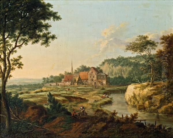 Weite Landschaft Mit Fluss Und Dorf, Davor Landliche Staffage - view 1
