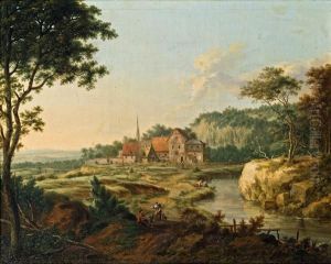 Weite Landschaft Mit Fluss Und Dorf, Davor Landliche Staffage by Johann Christian Vollerdt or Vollaert