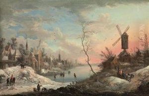 A Winter Landscape With Skaters On A Frozen Lake Near A Town, Awindmill Nearby