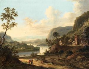 An Extensive River Landscape With Figures Resting