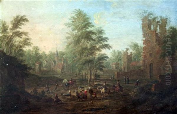 Figures And Horseriders In A Landscape With A Town Beyond - view 1