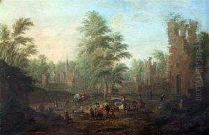 Figures And Horseriders In A Landscape With A Town Beyond