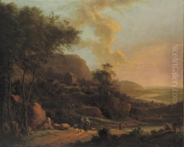 An Extensive Italianate Landscape With Travellers Near A River, A Village Beyond - view 1