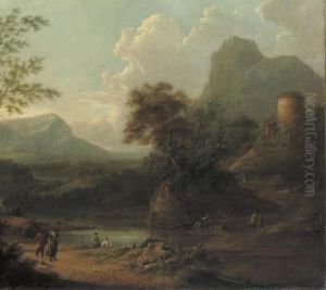 An Extensive River Landscape With Travellers On A Path An Extensive River Landscape With Travellers On A Path