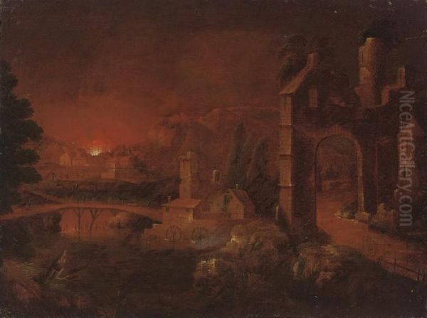 A Wooded River Landscape By A Town, With Figures On A Bridge And Afire Beyond - view 1