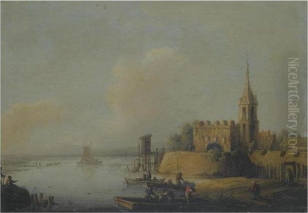 A River Landscape With Fisherman Loading Boats, A Church To Theright - view 1