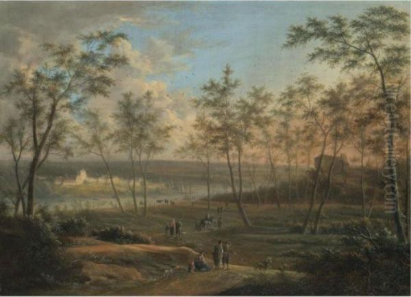 A Wooded River Landscape With Travellers On A Path, An Abbey Beyond - view 1