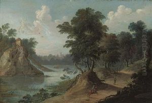 A Wooded River Landscape With A Horseman And Tavellers On A Track, Mountains Beyond