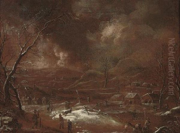 A Wooded Winter Landscape With Figures On A Track And Men Fishing On A Frozen Lake - view 1