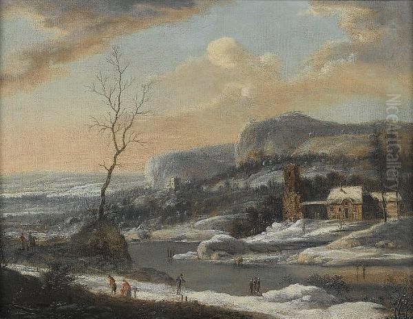 A Mountainous Winter Landscape With Figures On A Frozen River - view 1