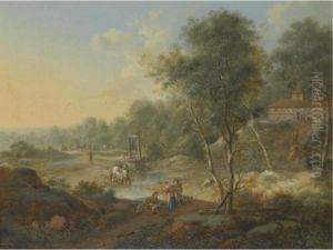 An Extensive Wooded Landscape With Figures By A Ford