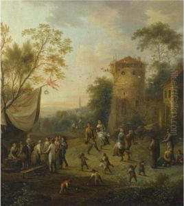 Market Scene With Dancing Peasants by Johann Christian Vollerdt or Vollaert