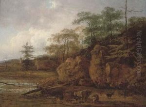 A Wooded Valley Landscape With Cattle By A River by Johann Christian Vollerdt or Vollaert