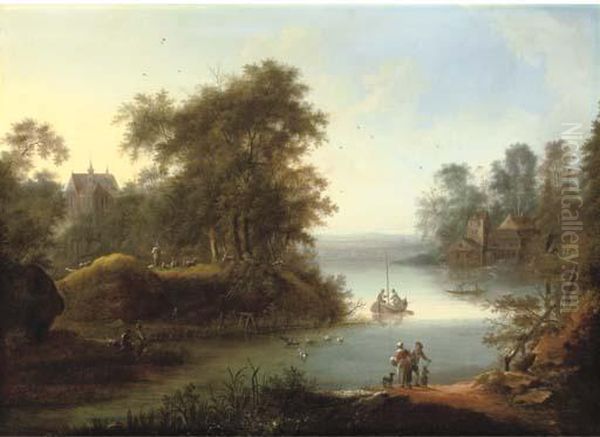A Wooded Landscape With Fishermen On The Banks Of A River, A Church And Watermill Beyond - view 1