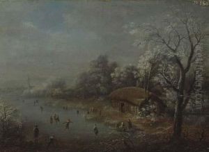 Figures On A Frozen Canal By A Castle; And A Companion Painting by Johann Christian Vollerdt or Vollaert