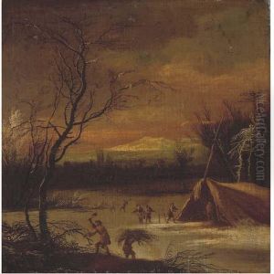 A Mountainous River Winter Landscape by Johann Christian Vollerdt or Vollaert