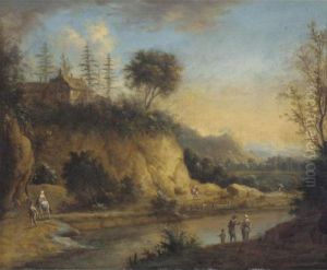 A Northern River Landscape With Figures On A Track, A Cottage Beyond