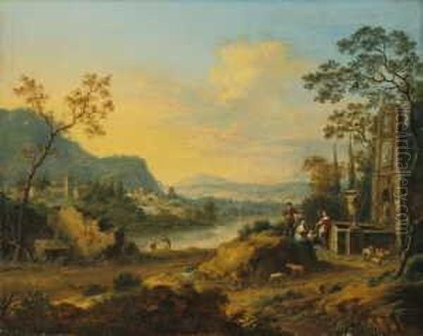 Italienische Flusslandschaft Mit
Hirtenfamilie An Einem Antikisierenden Brunnen. Signiert Und Datiert
Unten Links: Vollerdt P. 1758. Ol Auf Leinwand (doubliert). H 48,5; B 62
Cm. - view 1