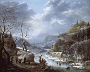 A Mountainous Winter Landscape With Skaters On A Frozen Lake by Johann Christian Vollerdt or Vollaert