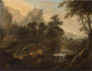 A Wooded Landscape With An Angler By A Waterfall, A Church And Deer In The Background by Johann Christian Vollerdt or Vollaert