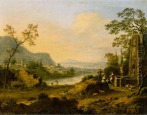 An Extensive Italianate River Landscape, With Figures Near A Fountain In The Foreground