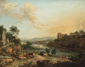 A Rhenish River Landscape With
Travellers On A Track, Anglers On A Bank And A Monument Nearby by Johann Christian Vollerdt or Vollaert