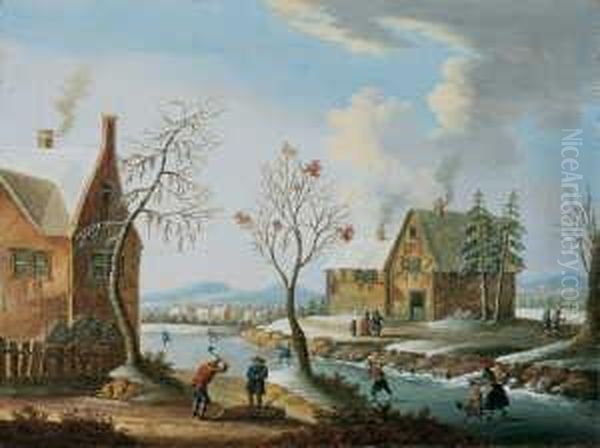 Umkreis Winterlandschaft Mit
Eislaufern Und Holzfallern. Ol Auf Leinwand . H 23,3; B 31 Cm - view 1
