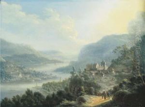 An Extensive Rheinish Landscape With Travellers On A Road By Acastle