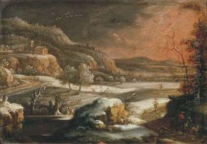 A Mountainous Winter Landscape With Travellers On A Track by Johann Christian Vollerdt or Vollaert