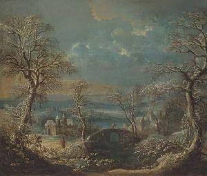 A Wooded River Landscape In Winter With Travellers by Johann Christian Vollerdt or Vollaert