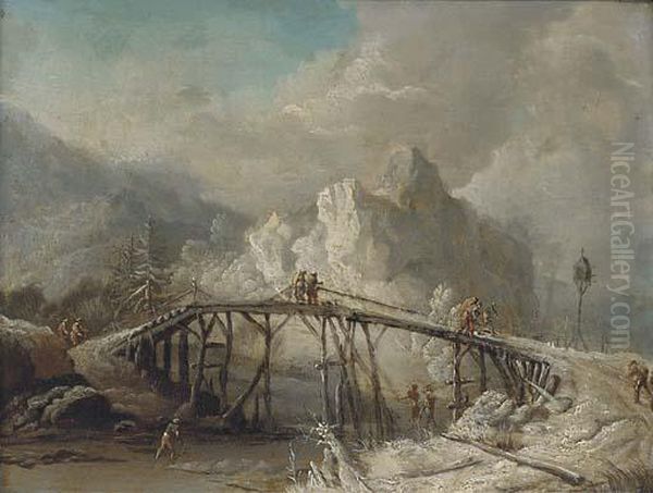 A Winter Landscape With Travellers Crossing A Bridge - view 1