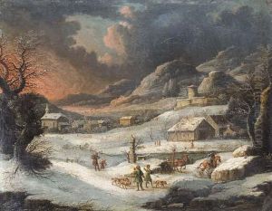 A Mountainous Winter Landscape With Hunters In The Foreground