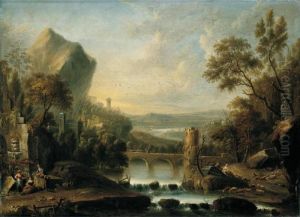 An Extensive Rhenish River 
Landscape With A Peasant Family Resting By A Path In The Foreground