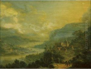 Travelers In An Extensive River Landscape With Castle by Johann Christian Vollerdt or Vollaert
