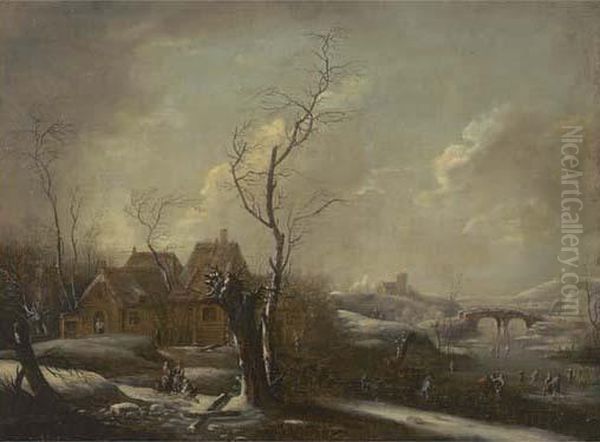 A Winter Landscape With Skaters On A Frozen River, A Village Nearby - view 1