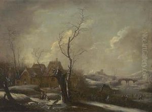 A Winter Landscape With Skaters On A Frozen River, A Village Nearby by Johann Christian Vollerdt or Vollaert