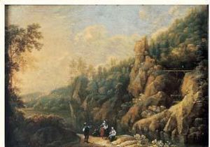 Paysage Montagneux Avec Riviere Et Promeneurs by Johann Christian Vollerdt or Vollaert
