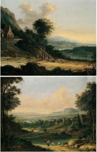A Rhenish River Landscape With
Figures On A Path Before A Cottage, Travellers Resting Beneath A Tree In
The Foreground by Johann Christian Vollerdt or Vollaert