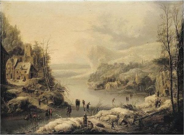 A Frozen Lake In A Mountainous Landscape With Numerous Figures Skating Near A Village - view 1
