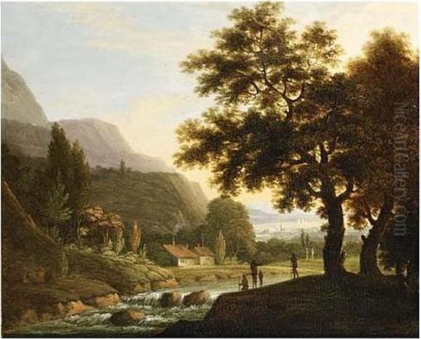 A Hilly Wooded River Landscape With Travellers Conversing Under A Tree Near A Waterfall - view 1