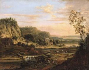 Peasants On A Road By A River In A Rhenish Landscape by Johann Christian Vollerdt or Vollaert