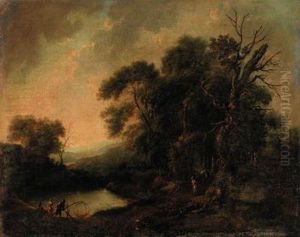 A Wooded River Landscape With Fisherfolk On A Bank