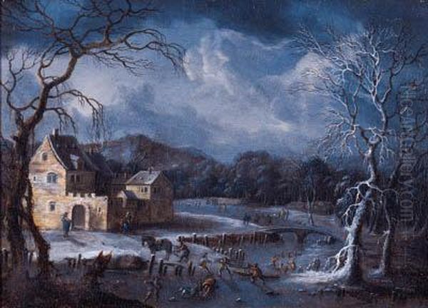 Winter Landscapes With Skaters And Travellers On Horsedrawn Sledgesby Fortified Mansions - view 1