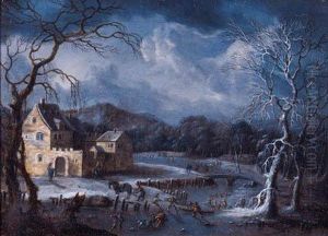 Winter Landscapes With Skaters And Travellers On Horsedrawn Sledgesby Fortified Mansions