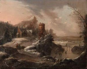 A Winter Landscape With 
Travellers On A Path And Skaters On Ariver, A Town And Houses Nearby by Johann Christian Vollerdt or Vollaert