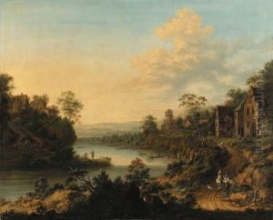 A River Landscape With A Hamlet And Peasants On A Path